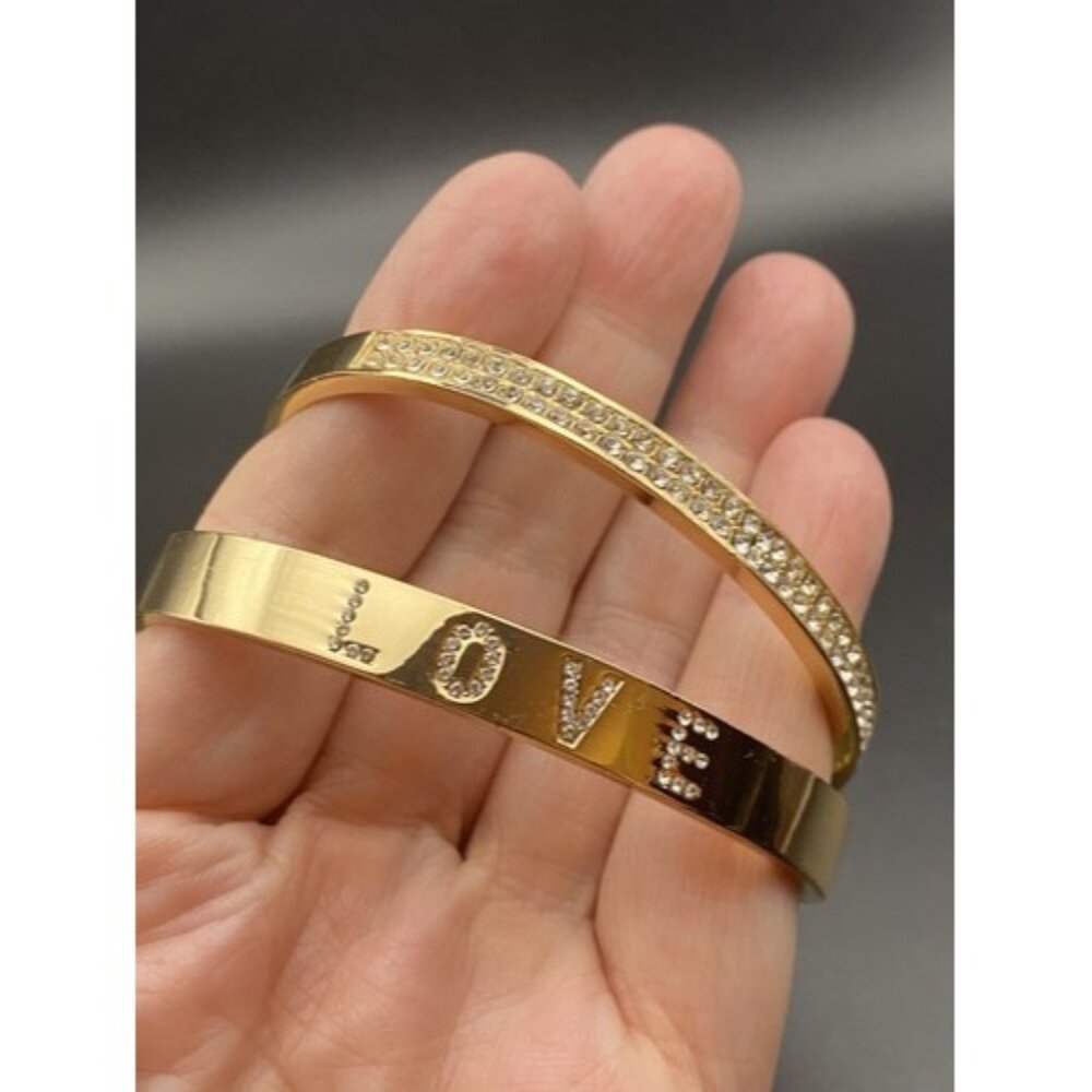 Set 2 Cuff Bracelets Polished Gold Tone Sparkle Rhinestone Love 5.5 & 8 mm 7.5" - Picture 5 of 10